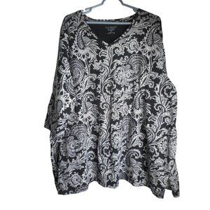 Catherines Sz 3x  26/28 W Black White Paisley floral Print knit shirt 3/4 sleeve